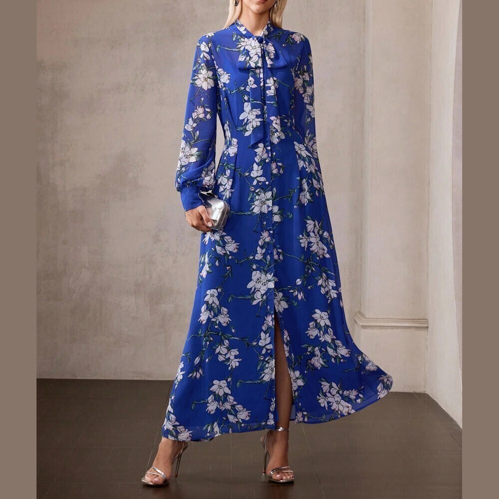 Blue / White Floral Print Chiffon Tie Neck Button Front Slit Maxi Dress